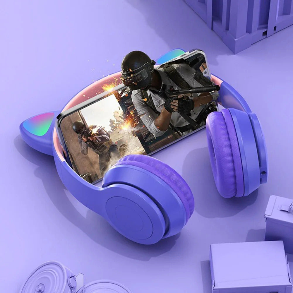Wireless Headphones Cat Ear Gaming Headset Glow Light Bluetooth-Compatible Helmets Cute Over-Ear Headsets for Kids and Adult