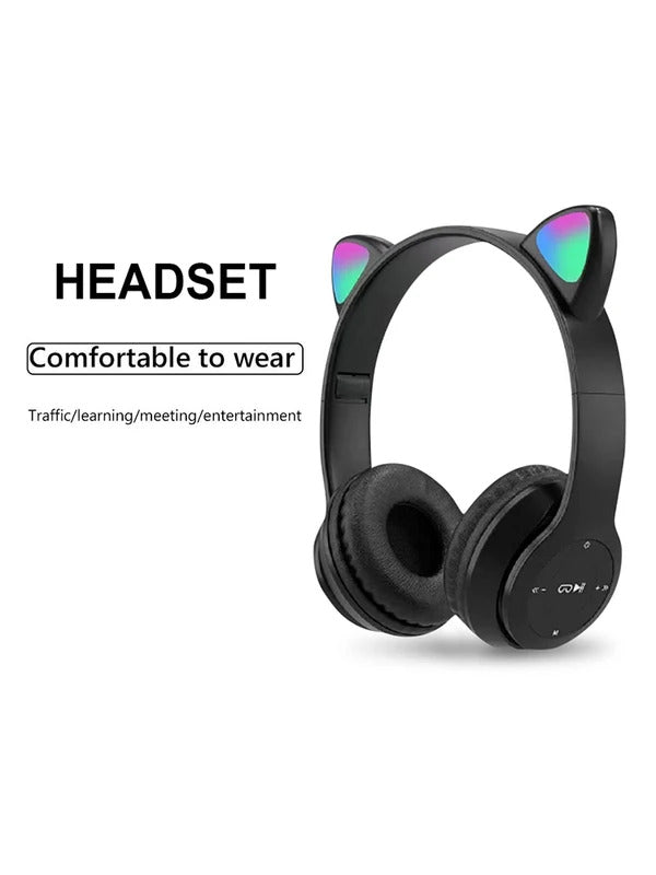 Wireless Headphones Cat Ear Gaming Headset Glow Light Bluetooth-Compatible Helmets Cute Over-Ear Headsets for Kids and Adult