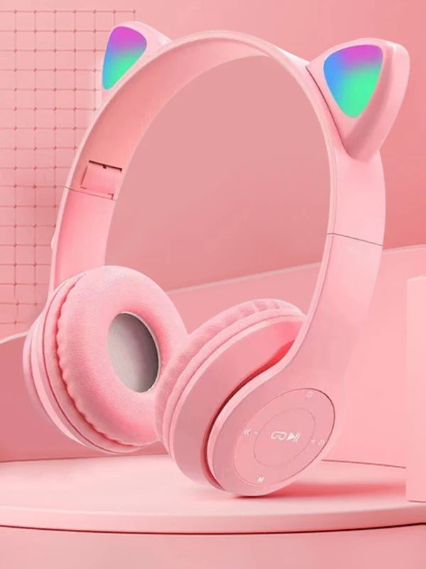 Wireless Headphones Cat Ear Gaming Headset Glow Light Bluetooth-Compatible Helmets Cute Over-Ear Headsets for Kids and Adult